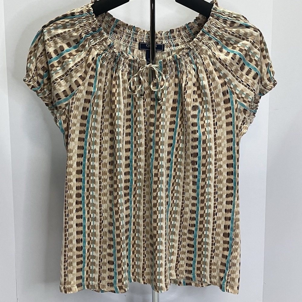 Chaps Womens Tan & Blue Striped 100% Cotton Keyhole Short Sleeve Shirt Size L